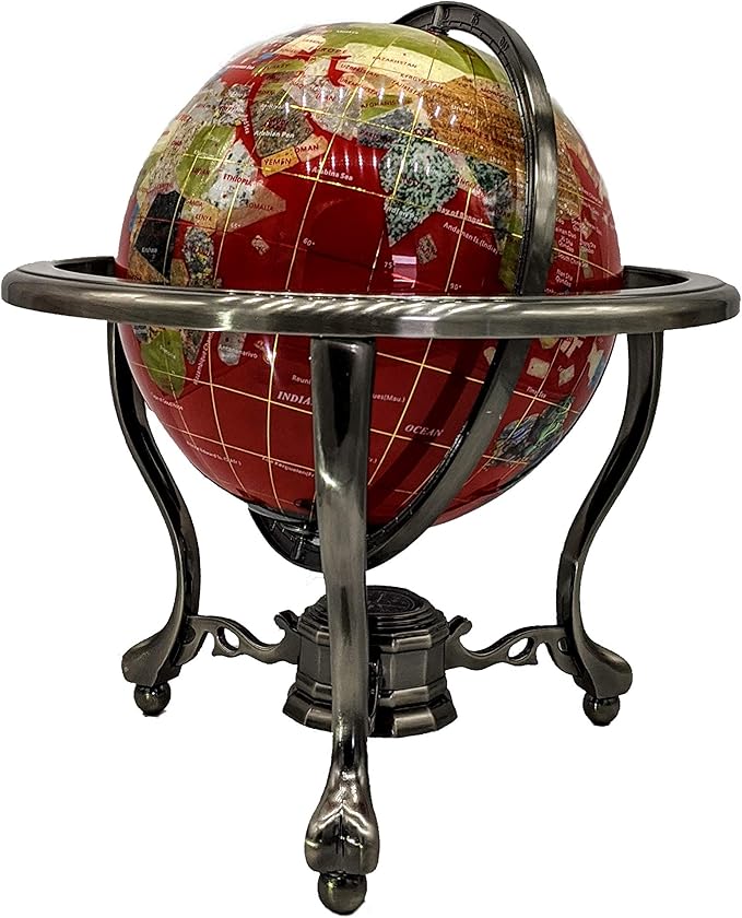 Limited Edition! Unique Art Since 1996 RED Table Top Gemstone World Globe with Tripod Silver Zinc Alloy Stand (220MM/9 INCHES/RED OCEAN)