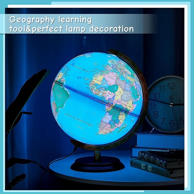 Amylove 13'' Illuminated World Globe for Adults 720°/360° Rotation Rewritable Light Up Globe with Stand World Map for Interactive Learning Light with Base Lamp LED Decor (Brown Wood,Classic)