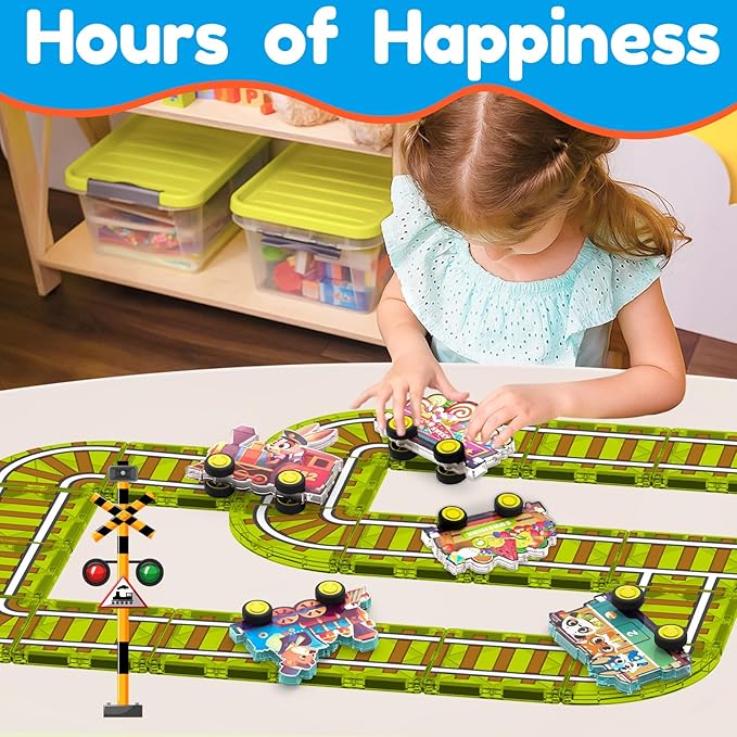 Oriate Rolling Magnet Train Set for Magnetic Tiles, 5pcs Magnet Tiles Toy Train for Road Magnetic Tiles, Free Wheel Animal Vehicles for City Magnetic, Kids Christmas Town Magnetic Tile Accessory