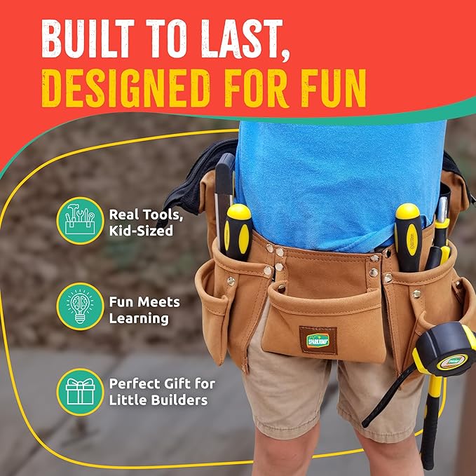 SparkJump Deluxe Kids Tool Set, Real Tools with Leather Tool Belt & Tool Box, Beginner Tool Kit for Boys & Girls Ages 4-6 & Up, Brown Ultimate Tool Set