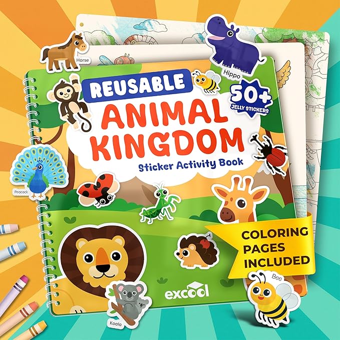 Excool Club 10 Pages Reusable Jelly Stickers for Toddlers - Waterproof Reusable Sticker Book for Kids, Easy to Clean Removable Animal Stickers for Kids, Sticker Books for Toddlers
