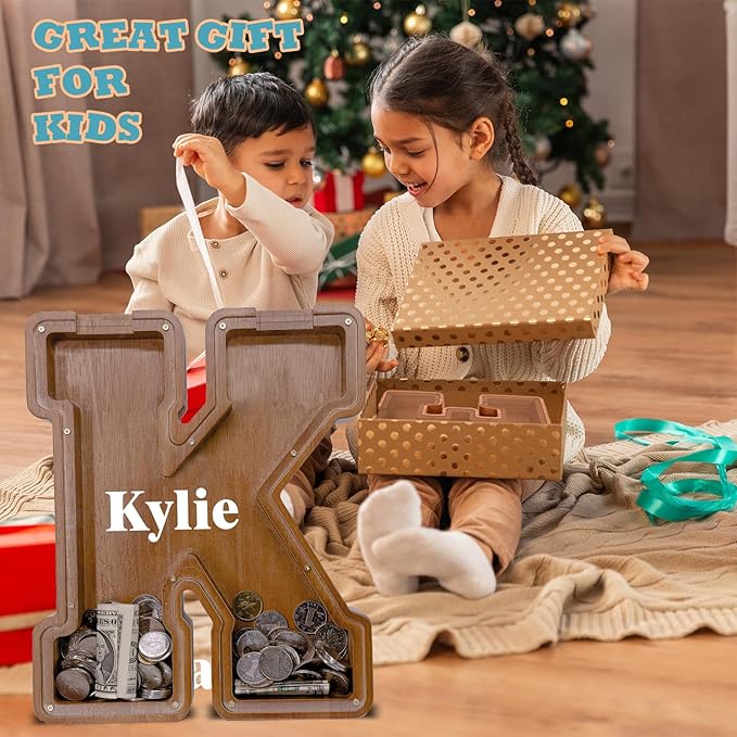 Wooden Letter Piggy Bank for Kids Larger Letter Piggy Bank for Boys and Girls Personalized Piggy Bank Initial Coin Bank Wood Kids Money Bank for Birthday and Festival