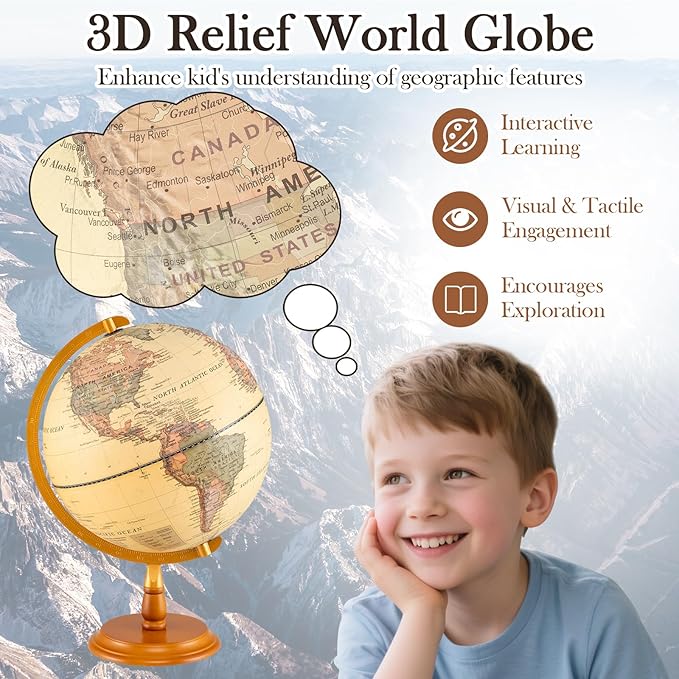 COSTWAY 12” Illuminated World Globe, Geography Educational Globe with Built-in LED Night Light, Wooden Stand, Clear Map for Kids & Adults Learning, Desktop Globes for Students, Decoration (Bronze)