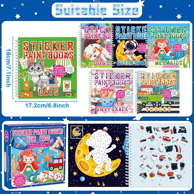 gisgfim 6 Pcs Paint by Sticker Books Sticker by Number Books Activity Book Sticker Puzzle Book Craft Art Gift with Mermaid Truck Outer Space Cat 48 Pictures Sticker by Number Book Set Party Favors