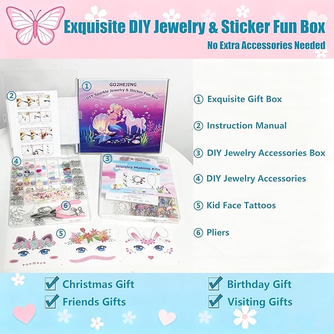GO2HEJING Charm Bracelet Making Kit for Girls, Jewelry Making Kit for Girls 8-12, Ear Cuff/Necklace Craft Kit, Cute Face Temporary Tattoos for Kids, Unicorn Toys for Teenage Birthday Gift (Forest)