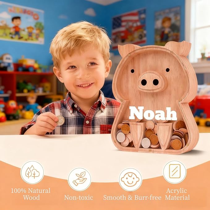 Personalized Wooden Piggy Bank for Kids, Custom Name Cute Wood Bank Large for Boys Initial Coin Bank Personalized Wood Money Save Box for Birthday Christmas and Festival