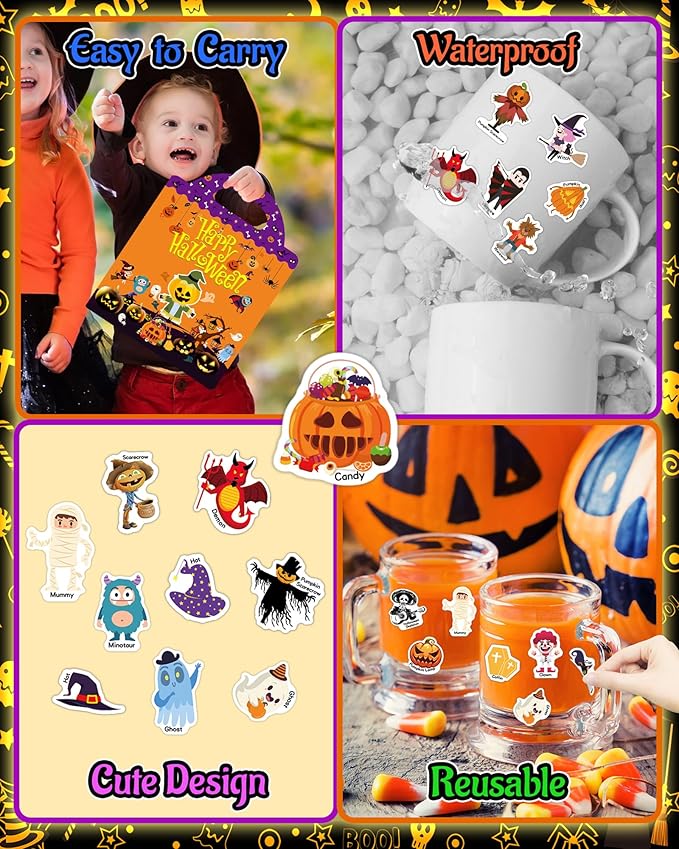Halloween Sticker Books for Kids, Reusable Sticker Books for Toddlers 1-3, 2-4, Halloween Travel Toys Acticities Crafts Birthday Gifts for Boys Girls Kids