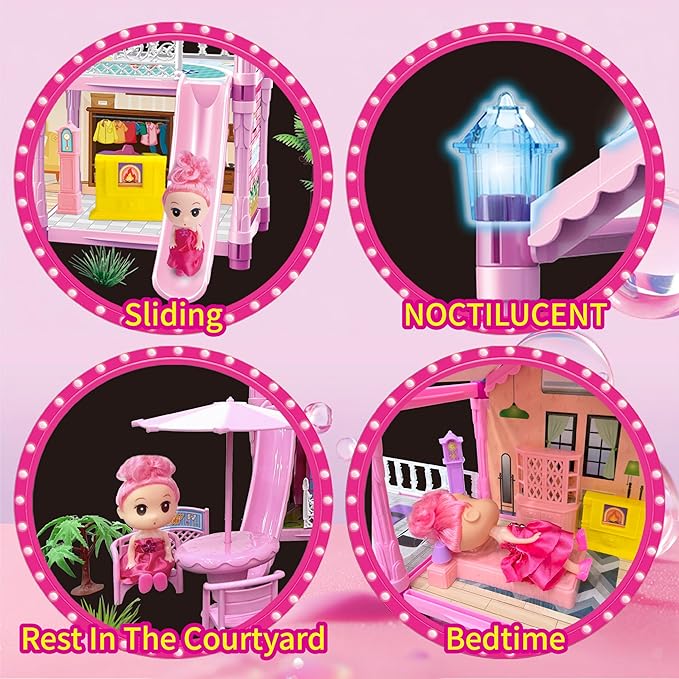 Doll House for Girl with 1 Princess, 2 Floors -4 Rooms, 131 Accessories Includes Dog and Furnitures, Design and Build Gift for 3 4 5 6 7 8+ Year Old Girls (Pink)