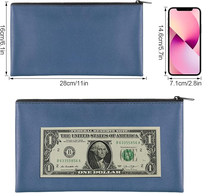 2 Pieces Money Bags with Zipper, 11x6.1 inch Money Pouch, Bank Bag, Cash Bag, Check Wallet, Cosmetics(navy)