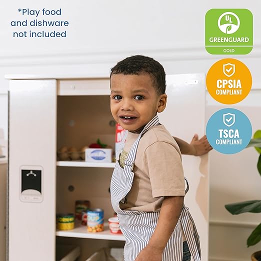 ECR4Kids Play Kitchen Refrigerator, Wooden Playset, White Wash