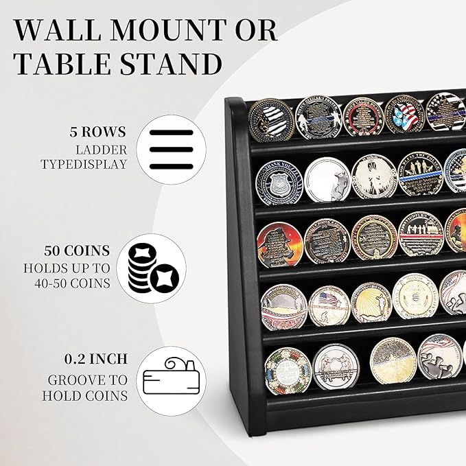 5 Rows Challenge Coin Holder Display Stand Holds 50 Coins for Wall Mount or Tabletop, Solid Wood Military Coin Rack Display Case for Army Collectibles, Black