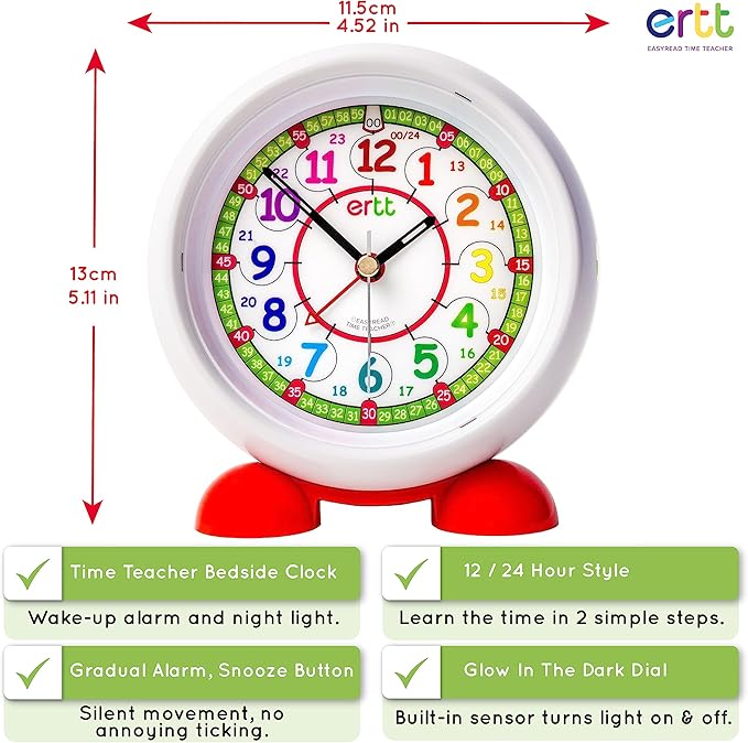EasyRead Time Teacher Alarm Clock Kids - Telling Time Teaching Clock - Boys & Girls Alarm Clock With Rainbow 24 Hr Face & Night Light - Bedroom Clock - Kids Analog Alarm Clock 2 Step Learning System
