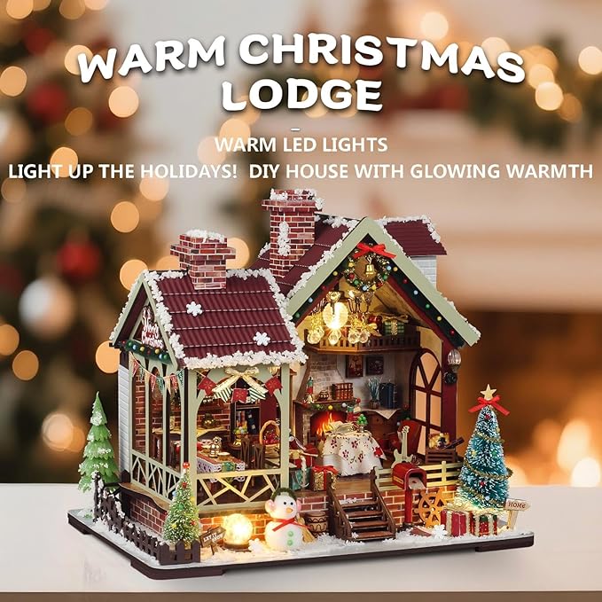 OZJAY Miniature House Kit, Mini House Building Kit with Furniture, DIY Miniature Kit for Adults Teen, Dollhouse Kit for Birthday Christmas, Warm Christmas Lodge