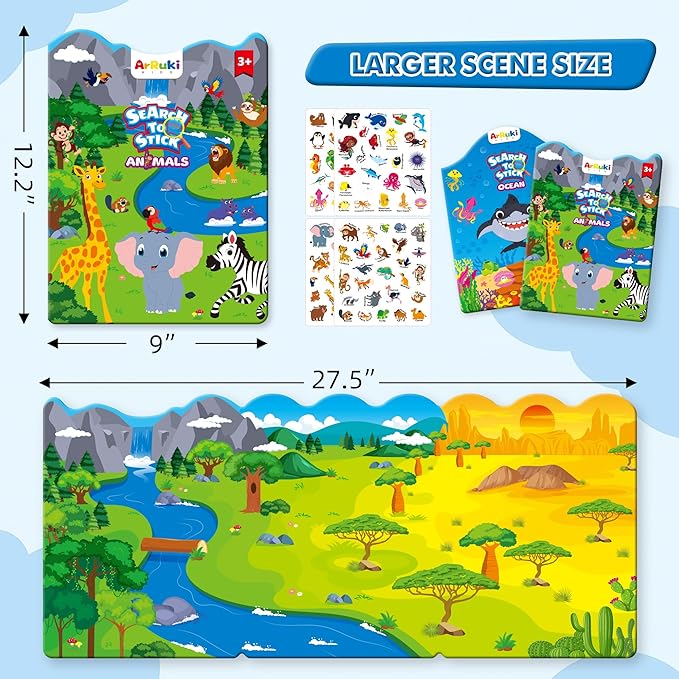 Reusable Sticker Books for Toddlers 3-5 Years, 2 Sets Jelly Sticker Books, Toddler Travel Toys Craft Activities for Kids-Ocean Wrold, Safari
