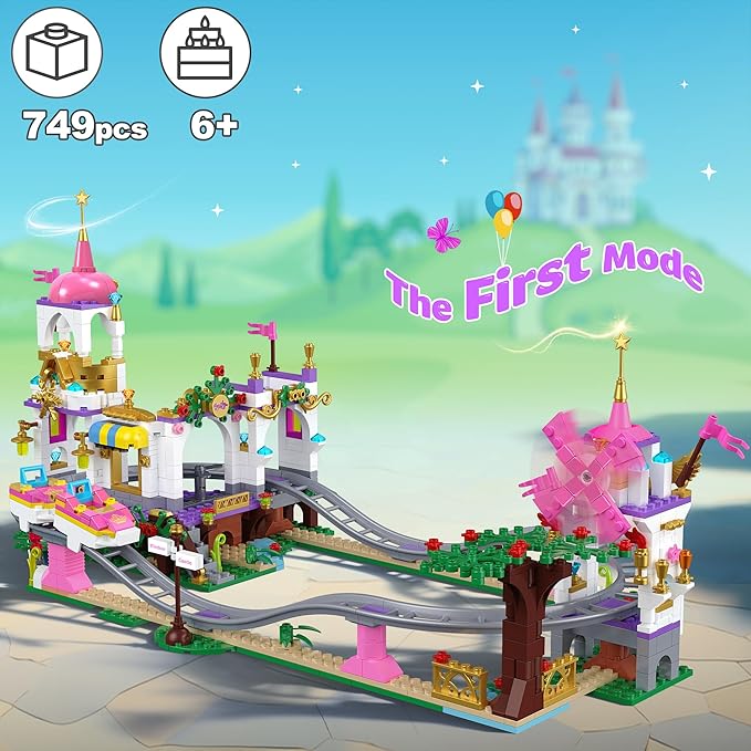 Castle Roller Coaster Building Set, STEM Amusement Park Construction Kit for Kids, Creative Pink Playground Blocks Birthday for Girls Boys Ages 6-12 (749Pcs)