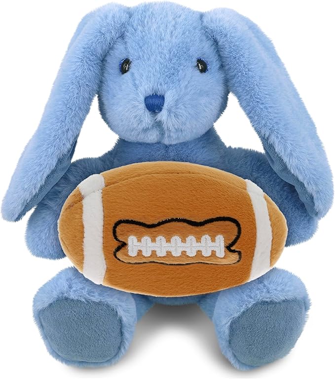 DolliBu Baby Blue Rabbit Stuffed Animal with Football Plush - Soft Huggable, Playtime Plush Toy, Cute Farm Life Gift, Plush Doll Animal Toy for Kids and Adults with Name Personalization - 8 Inches