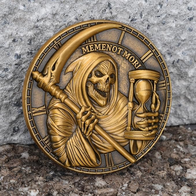 Memento Mori Challenge Coin - Hourglass & Scythe Design with Latin Inscriptions, Embrace Life’s Transience with Inspirational Design (Single Coin)
