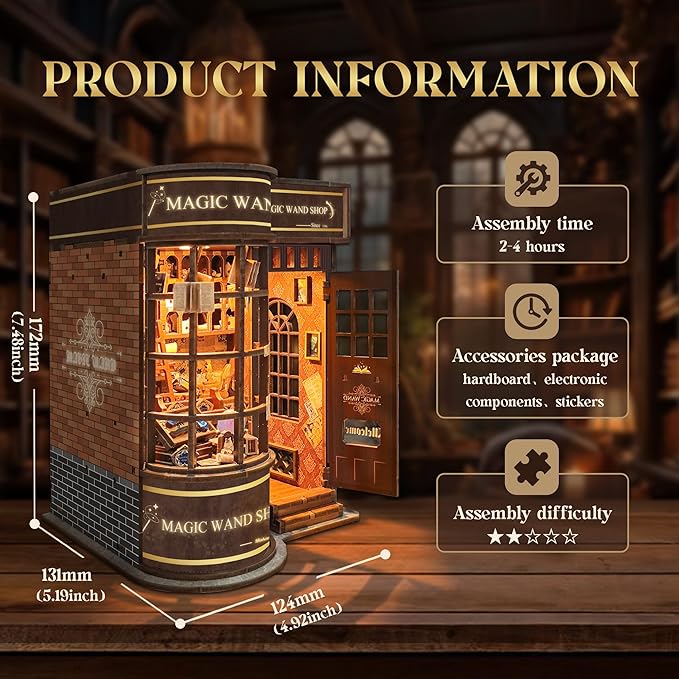 DIY Book Nook Kit,DIY Miniature Dollhouse kit,3D Wooden Puzzle Magic Bookend Bookshelf Insert Decor with Led Light,Gifts for Adults Teens and Beginners -Magic Wand Shop(SQ-51)