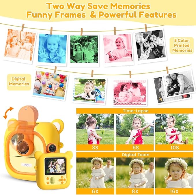 Kids Camera Instant Print, 7 Print Paper (4 Color: O/R/G/B+3 B&W), 2.4" Screen Instant Camera for Kids Ages 3-12,1080P, 180°Flip Lens,32GB Card- Christmas Birthday Present for Boys & Girls,M2