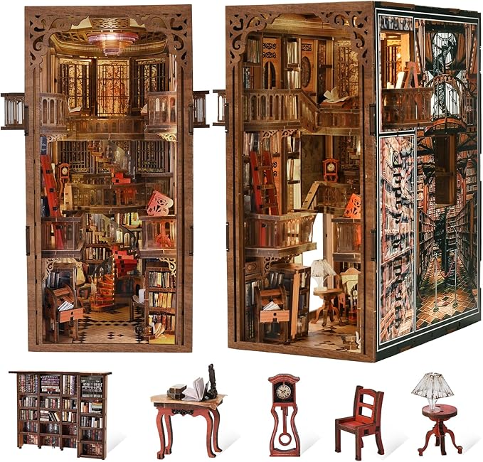 Book Nook Kits for Adults, DIY Book Nook Kit Miniature House Dollhouse Kit, 3D Wooden Puzzle Booknook Bookend Bookshelf Decor Model Build with Dust Cover (Abbey Library)