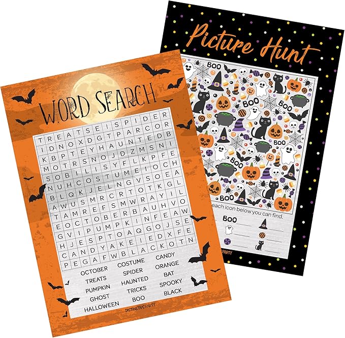 DISTINCTIVS Halloween Party Games – Word Search and Picture Match 2 Game Bundle, 25 Dual-Sided Cards for Kids, Adults, Classrooms, and Fall Events