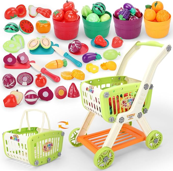 Kids Shopping Cart with Cutting Play Food Set for Kid Kitchen, 2 in 1 Shopping Cart for Kids Grocery Store Pretend Play Kitchen Accessories Sorting Food Bucket Learning Toys Gift for Toddler 3-5