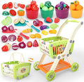 Kids Shopping Cart with Cutting Play Food Set for Kid Kitchen, 2 in 1 Shopping Cart for Kids Grocery Store Pretend Play Kitchen Accessories Sorting Food Bucket Learning Toys Gift for Toddler 3-5