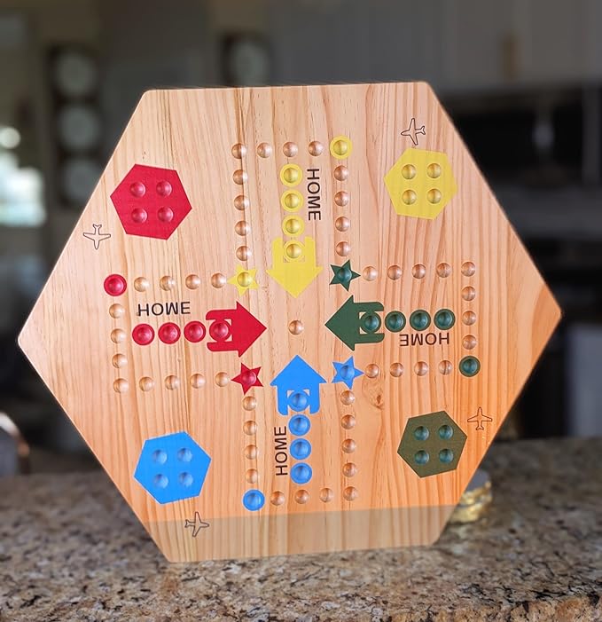 Wooden Wahoo Marble Board Game (20 INCH), Double-Sided, for 2-6 Players, with 24 Marbles and 6 dice. Also Includes Ring Toss, Wooden Hook and Ring Gameand Premium Playing Cards.