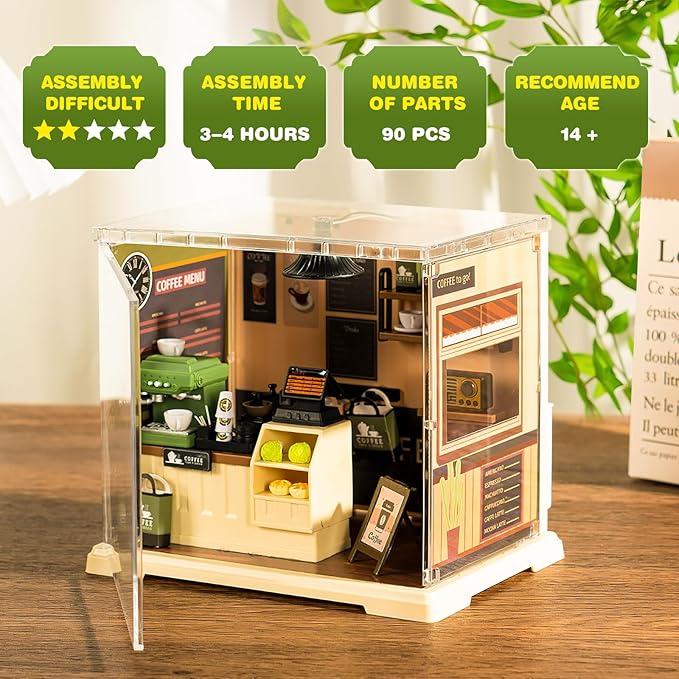 Coffee Shop Tiny House with LED Light Make It Miniature, DIY Miniature House Kit for Adults, Teens, and Beginners, Mini Dollhouse Kit with Home Decor Furniture, Gift for Friends and Hobbies