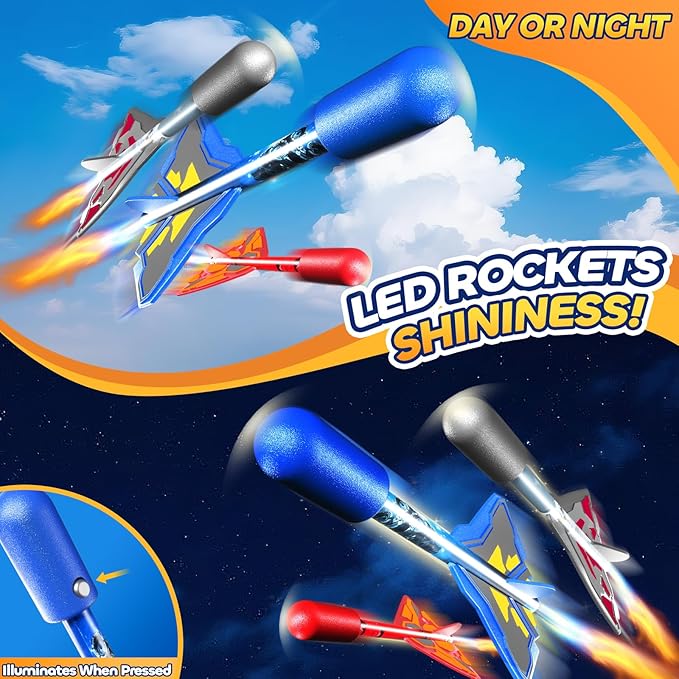Rocket Launcher for Kids with 4 LED Airplane Rockets and Tank Launcher, Outdoor Toys for Toddlers, Rockets for Kids Age 4-8, 2 3 4 5 Year Old Boy Birthday Gift, Launching up to 120+ Feet