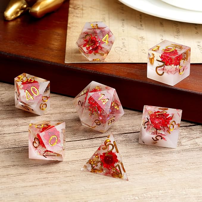 Flower D&D Dice ,DNDND Handmade Resin Sharp Edge Die with Gift Case for D&D Dungeons and Dragon Games (Red Flower)