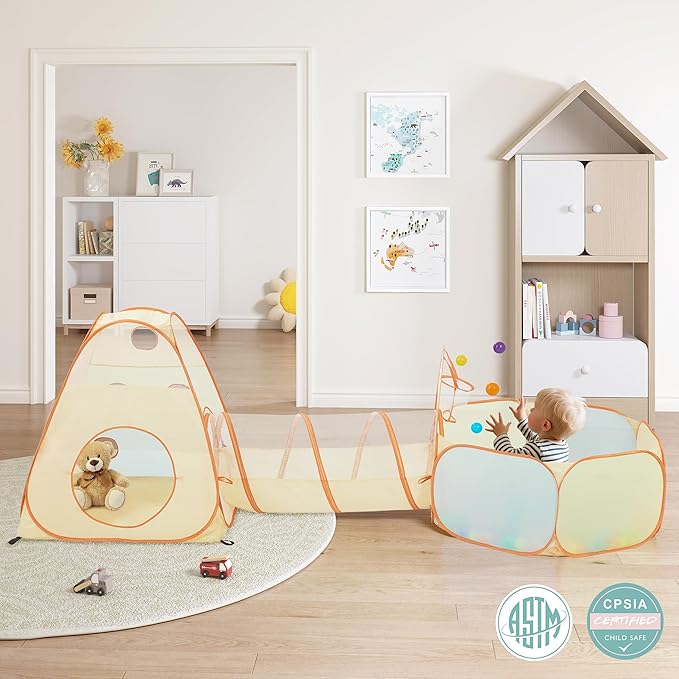 UTEX Kids Play Tent with Tunnel, 3 in 1 Pop Up Play Tent with Ball Pit, Play Crawl Tunnel for Toddler, Boys, Girls, Indoor& Outdoor Play House Target Game with 6 Dart Balls