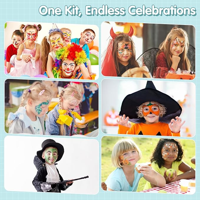 Face Painting Kit for Kids 24 Colors Water-Based Non-Toxic Face Paint Palette With Brushes&Stencils, Hair Chalk, Gems, Glitters, Crayon, Halloween Makeup Kit for Parties, Cosplay, Face Body Art