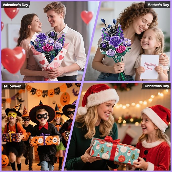 Purple Roses Bouquet Building Set for Kids Ages 6+, 701PCS Artificial Flowers Bouquet Home Office Decor for Adults Women Teengirls, Gift for Birthday Valentine's Day Halloween Christmas