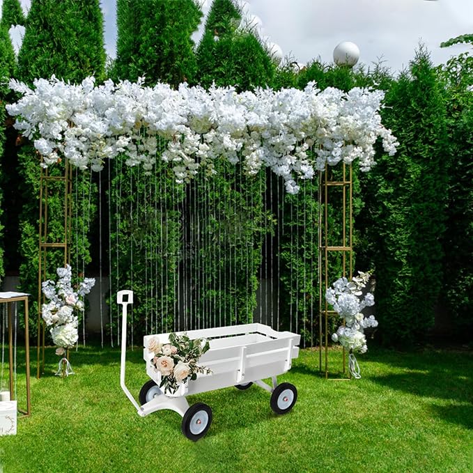 All-Terrain Cargo Wagon - White Flower Girl Wagon Pull Along with Removable Wooden Side Panels, Big Tires and Wide Grip Handle for Weddings, 33' L x 15.7' W x 19.6' H