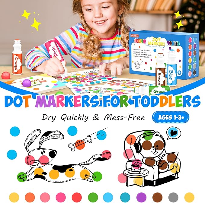 Soucolor 96-Pack Washable Dot Markers for Kids & Toddlers | 8 Vibrant Colors | Non-Toxic Bingo Daubers | Preschool Arts & Crafts, Classroom Supplies | Paint Dabbers for Endless Creative Fun