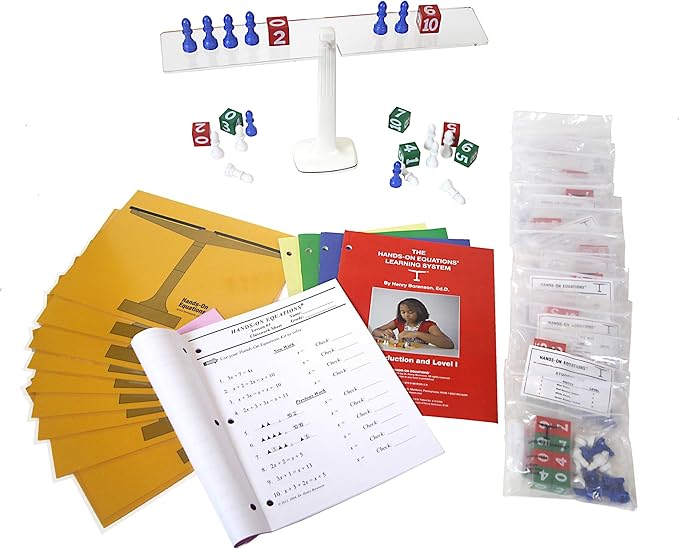 Hands-On Equations® Class Set for Teacher and 20 Students. Includes The Teacher Demonstration Balance Scale & Game Pieces and 20 Sets of Student manipulatives. Grade 3 and up.