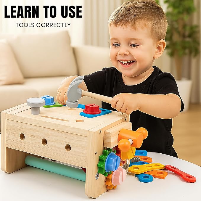 Kids Tool Set – 35 Pieces Wooden Toddler Tool with Box – Montessori STEM Educational Pretend Play Construction Toy for 3 to 13 Year Old Boys Girls – Best Birthday Gift