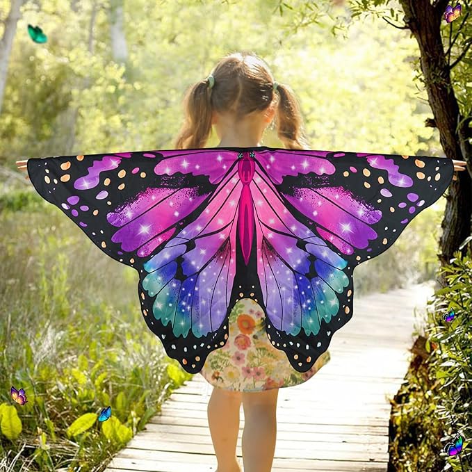 Butterfly Costume for Girls Fairy Wings Kids 4 Pcs(Cape,Skirts,Masks,Hair Clips) Butterfly Wings for Halloween Gifts