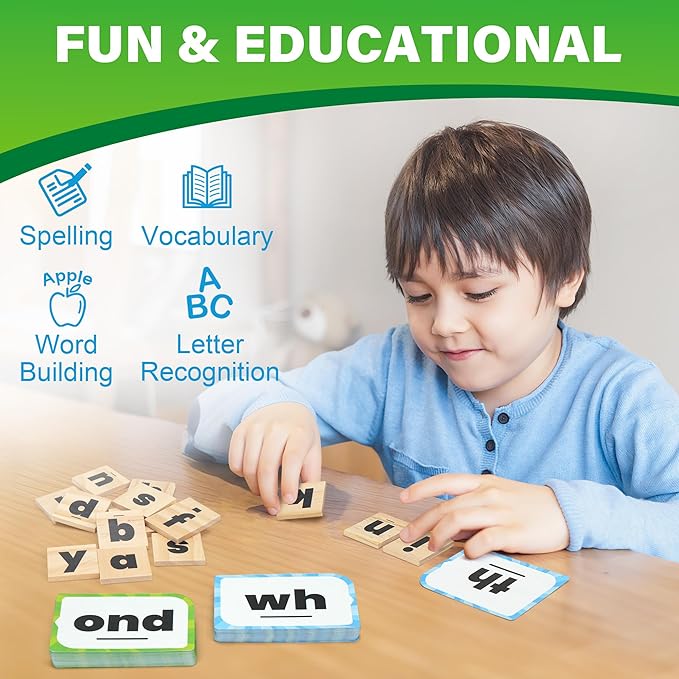 BenBen Spelling Games with 112 Flash Cards, Wooden Letter Tiles, CVC Sight Word Games for Kids Ages 4+, 1-4 Players, Decoding, Learn to Read Learning Toys for Kindergarten 1st 2nd 3rd Grade