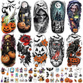 77 PCS Halloween Temporary Tattoos Adult Kids, 17 PCS Half Sleeve Pumpkin Bat Crow Witch Skull Fake Tattoos, 60 PCS Spider Cat Ghost Scar Tiny Realistic Face Body Tattoos Stickers