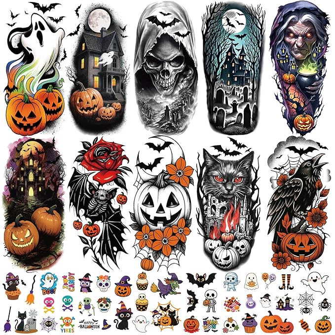 77 PCS Halloween Temporary Tattoos Adult Kids, 17 PCS Half Sleeve Pumpkin Bat Crow Witch Skull Fake Tattoos, 60 PCS Spider Cat Ghost Scar Tiny Realistic Face Body Tattoos Stickers