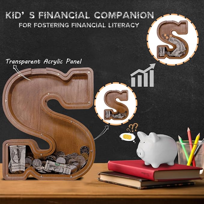 Wooden Letter Piggy Bank for Kids Larger Letter Piggy Bank for Boys and Girls Personalized Piggy Bank Initial Coin Bank Wood Kids Money Bank for Birthday and Festival