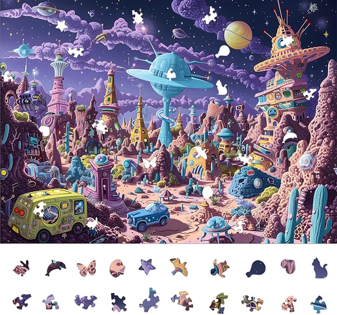 Alien Planet Jigsaw Puzzles for Adults 1000 Pieces, Brain Challenging Shaped Puzzle for Game Night Family Friends, Size 26.6 x 19.2, Monsters Purple World