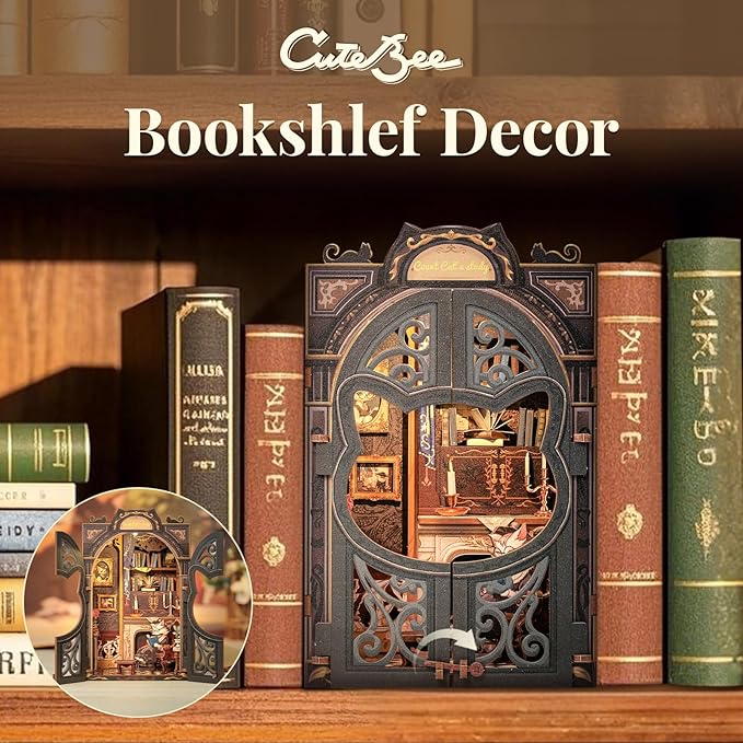 CUTEBEE DIY Book Nook Kit, Miniature House Kits for Adult and Teens, DIY Miniature Book Nook kit with Sensor Led Light, Gifts for Lovers and Family (Count Cat's Study)