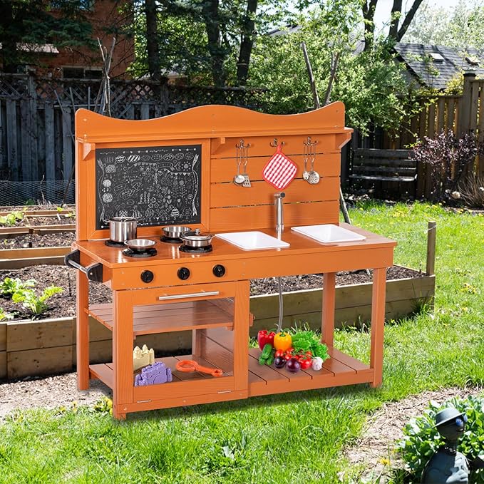 Kitchen Playset for Kids, Outdoor Wooden Mud Kitchen Set w/2 Removable Sinks & Spray Pipe, Backyard Garden Toddler Pretend Play Kitchen w/Blackboard, Kitchenware, Stove, Gift for Boys Girls