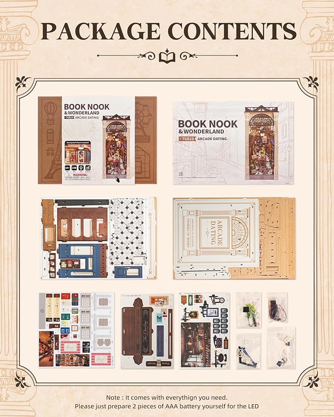 ROBOTIME DIY Book Nook Kits Dollhouse Room Bookstore Miniature House with LED Light 3D Wooden Puzzles for Adults Booknook Bookshelf Insert Decor Diorama Kit Unique Gifts（Arcade Dating）