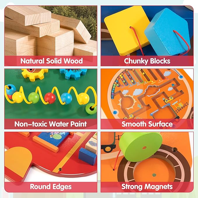 Train Activity Wall Busy Board Panels | 11-in-1 Wooden Sensory Wall Panel for Kids, Toddler Montessori Learning Activity Center, Perfect for Toddler Playroom Nursery Classroom Dentist Waiting Room