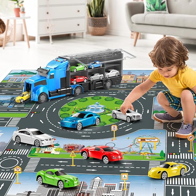 Racing Trucks Toy Set with Play Mat, Carrier Truck Play Vehicles Set for 3 4 5 6 Years Old Boys Kids, Die-Cast Car Toy for Toddlers 3-4 Years, Birthday Gifts Toys for 3-9 Year Old Boys