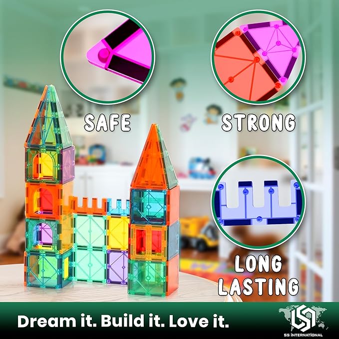 3D Magnetic Tiles 100 Pcs with 2 Cars, Magnet Building Blocks Construction Set, Magnetic Toys for Kids Ages 3-9, Educational STEM Learning Magnet Tiles with Cars